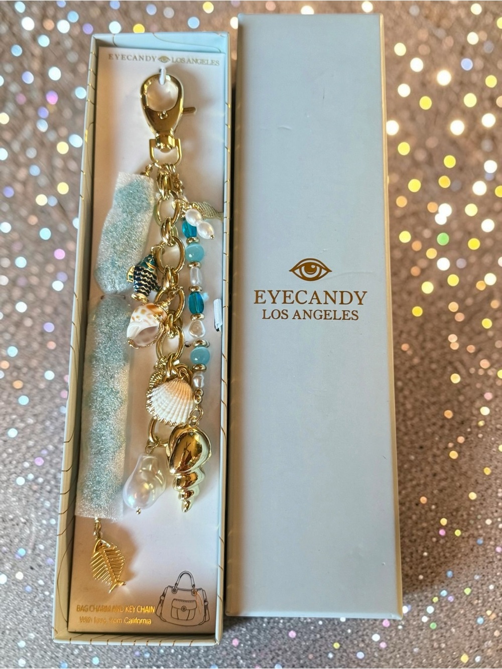 eye candy Gold & Light Blue Pearl Shell Keychain Charm